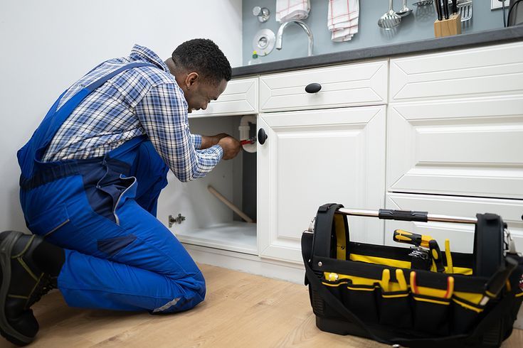 plumber fixing kitchen pipes. water sink service